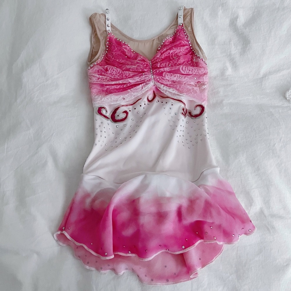 Pink White Lace Figure Skating Competition Dress XXS/XS